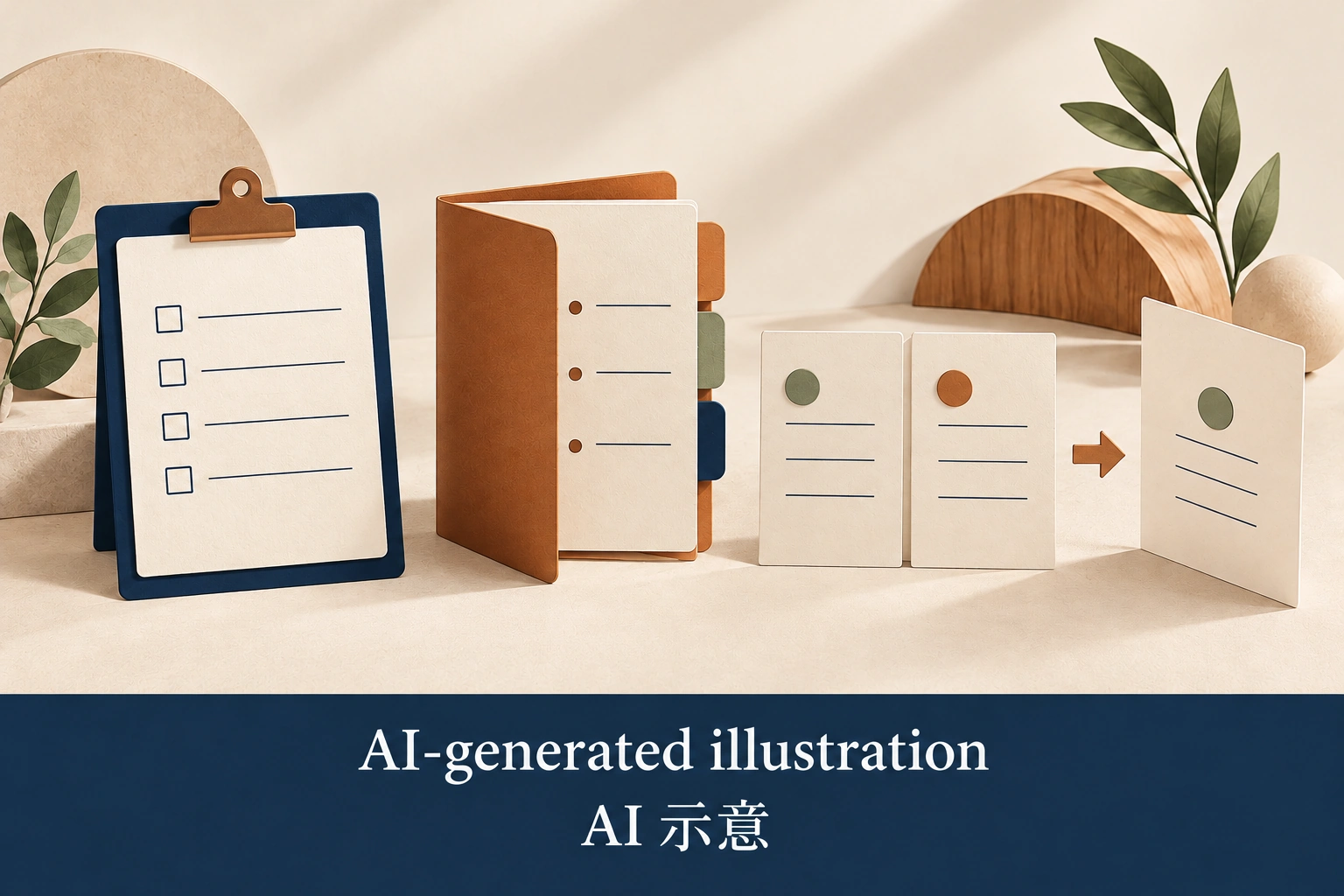 AI illustration of a checklist, a meeting agenda, comparison cards and a next-step note.